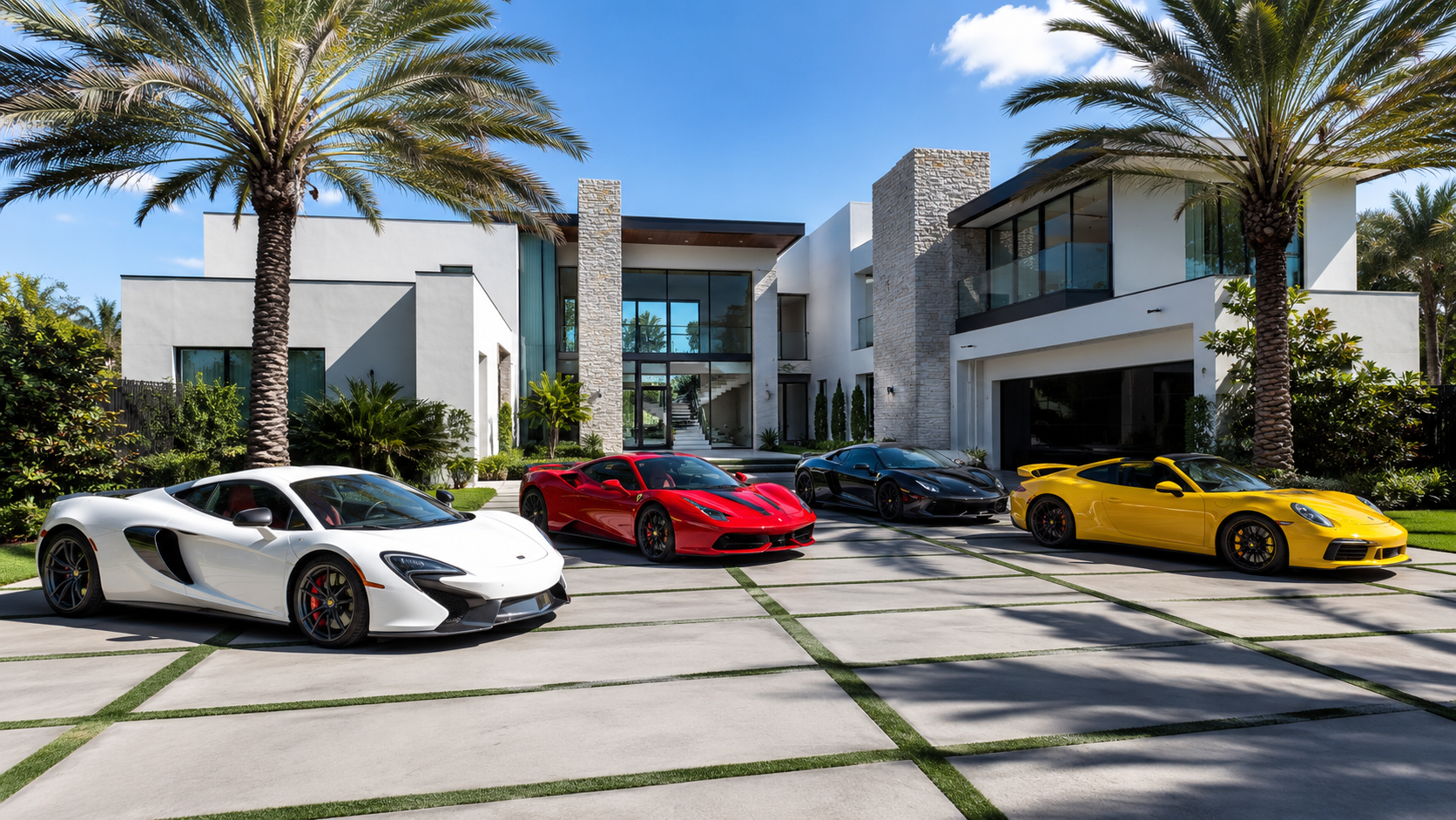 Villa moderna en España con palmeras y coches deportivos en la entrada